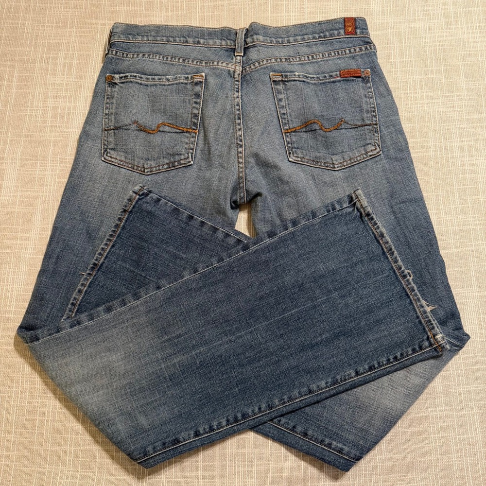 7 For All Mankind Flare Jeans Blue Medium Wash Squiggle Pocket Size 31 Womens